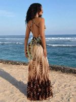 Vestido Feminino Estilo Minimalista Casual com Estampa de Leopardo e Penas, Adequado para Férias