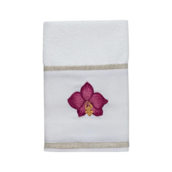 Toalha branca com faixa branca bordada orquídea cimbídio pink