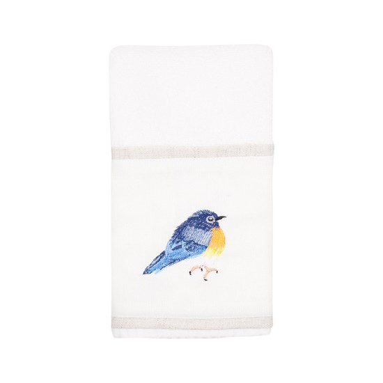 Toalha branca com faixa branca bordada pássaro azul